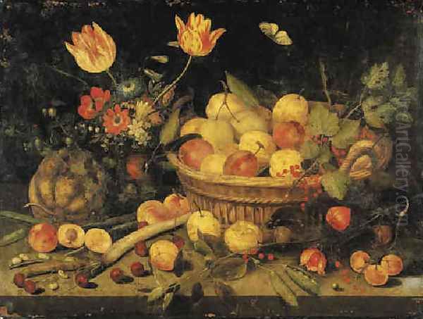 Plums and redcurrants in a basket, tulips, poppies and other flowers in a vase, with a gourd, peas, a parsnip and other fruit on a stone ledge 1632 Oil Painting by Peter Paul Binoit