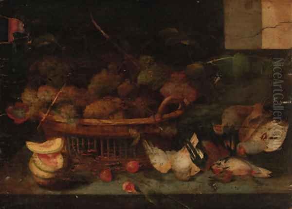 A basket of grapes, with other fruit and dead birds on a ledge Oil Painting by Peter Paul Binoit