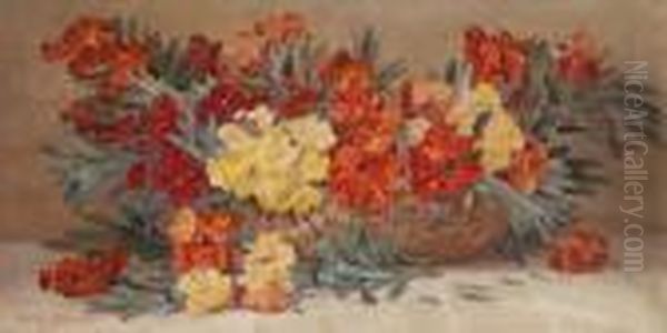 Still Life Of Spring Flowers Ina Basket Signed Bottom Left Oil Painting by Edith Isabel Barrow