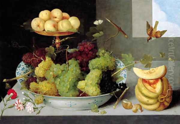 Grapes in a blue and white porcelain bowl with peaches on a gold tazza, with a melon, shells and carnations on a stone ledge Oil Painting by Peter Paul Binoit