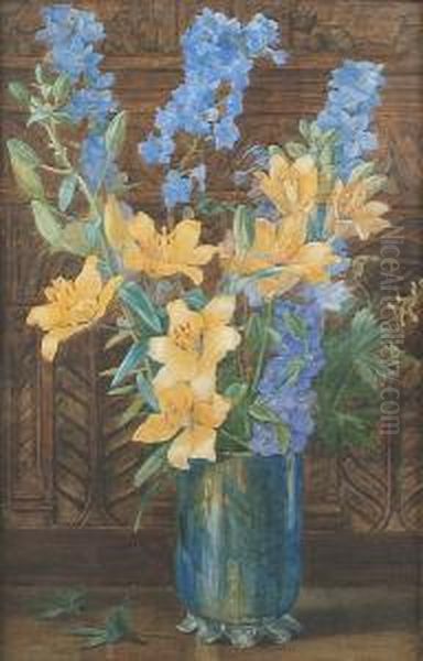 Still Life Of Lillies In A Glass Vase Oil Painting by Edith Isabel Barrow