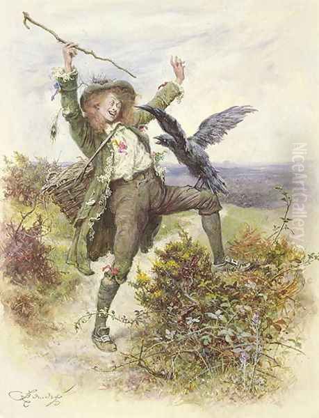 Barnaby Rudge and the Raven Grip Oil Painting by Frederick Barnard