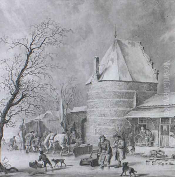 Skaters, Countryfolk and a Sledge on a frozen Moat near a Tower and Gate... Oil Painting by Cornelis Borsteegh