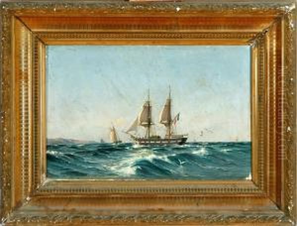 A French Brig Sailong Along A Coast Oil Painting by Carl Wilhelm Barth