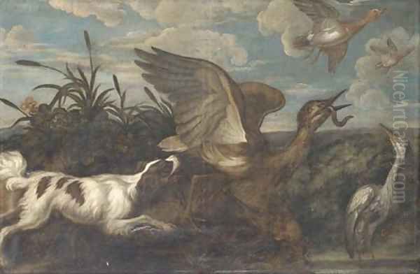 A spaniel chasing a bittern, with a heron and duck, in a landscape Oil Painting by Francis Barlow