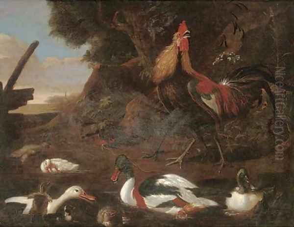 Cock, a hen, ducks and ducklings in a river landscape Oil Painting by Francis Barlow