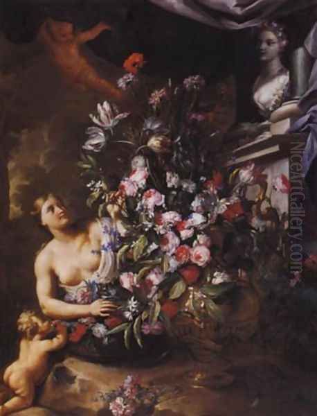 Ninfa e putti che sistemano fiori davanti a un'urna (collab. w-Nicola Vaccaro) 1675-99 Oil Painting by Andrea Belvedere