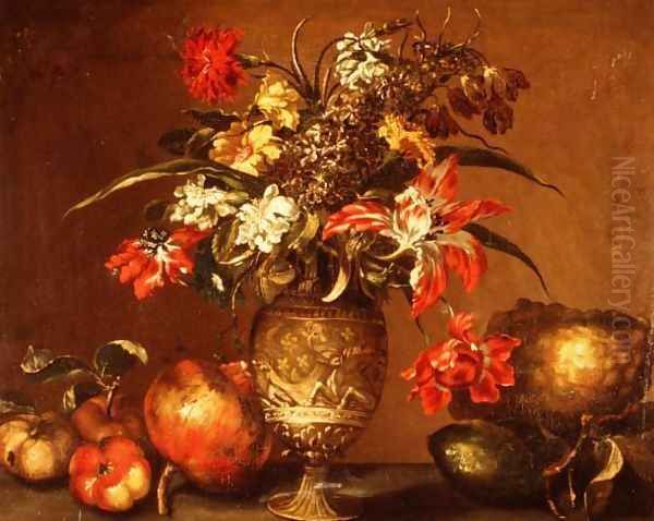 Tulips, a carnation and other flowers in a silver gilt vase with fruit on a ledge Oil Painting by Andrea Belvedere