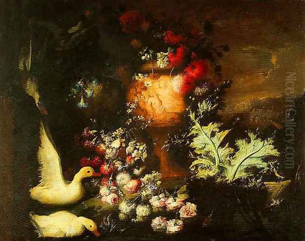 Composition with Ducks Cascade of Flowers on Water and Engraved Vase with Flowers and Thistle Leaves Oil Painting by Andrea Belvedere