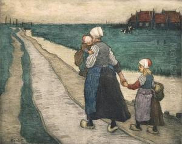 Bauerin Mit Zwei Kindern Auf Dem Heimweg Oil Painting by Charles William Bartlett