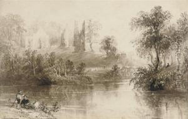 Figures On A River Bank, A Ruined Abbey Beyond (illustrated) Oil Painting by William Henry Bartlett