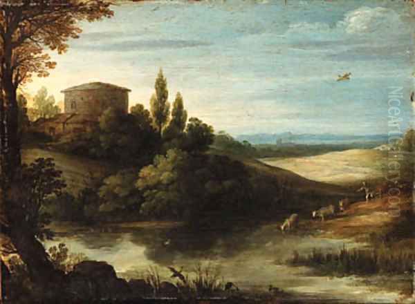 A landscape with a drover and cattle watering at a pond Oil Painting by Paul Bril