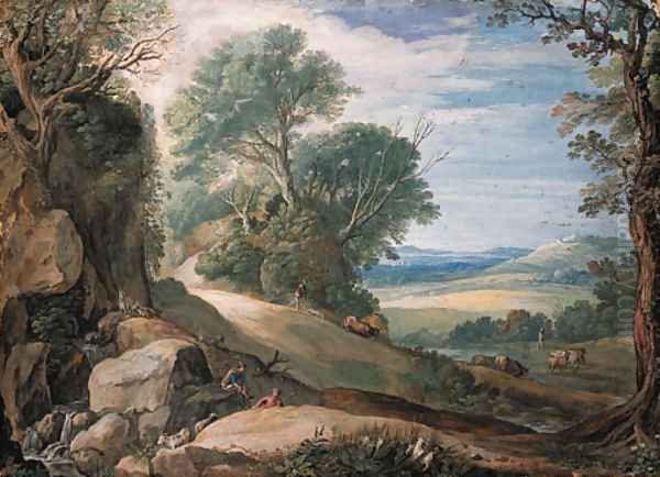 An Italianate landscape with herdsmen and cattle by a stream, buildings in the hills beyond Oil Painting by Paul Bril