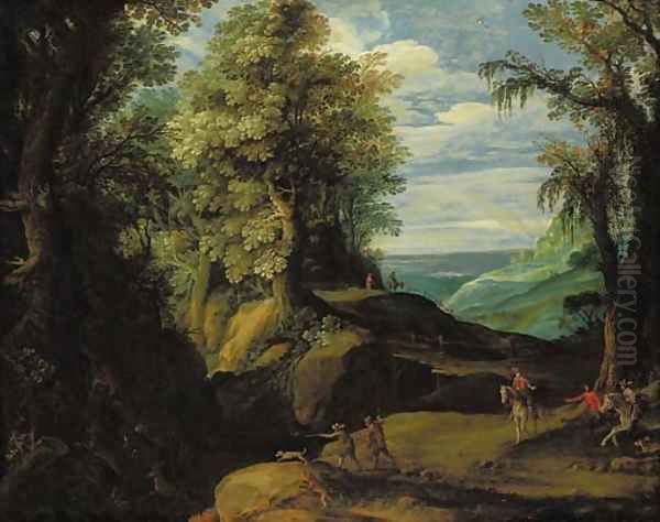 A stag hunt in a wooded lanscape Oil Painting by Paul Bril