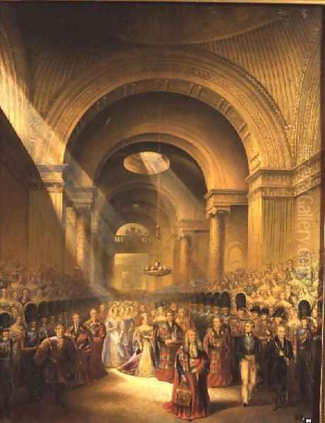 The Arrival of Her Most Gracious Majesty Queen Victoria at the House of Lords to Open Her First Parliament Oil Painting by George Baxter