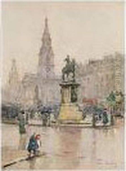 A Wet Day, Trafalgar Square Oil Painting by Rose Barton