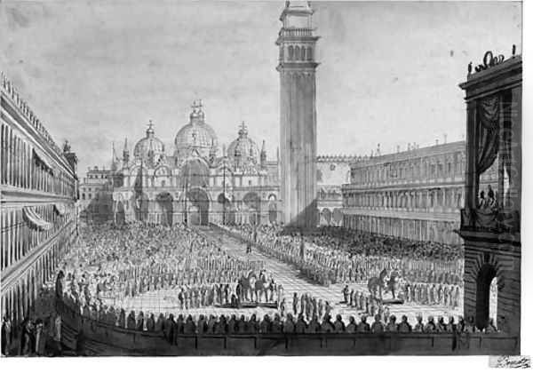 A View of Piazza San Marco with the Ceremony for the Return of the Bronze Horses to the Venetian State on 13 December 1815 Oil Painting by Giuseppe Borsato