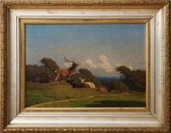 Paysage Anime D'un Cerf Et De Son Troupeau Oil Painting by Carl Frederick Bartsch