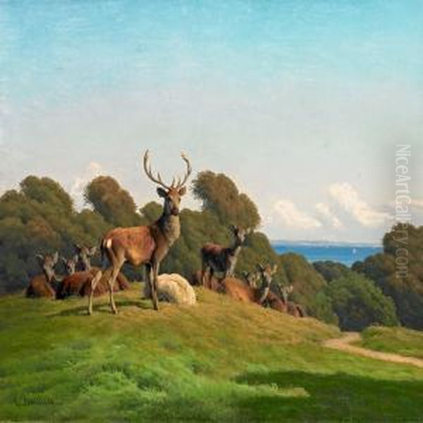 Red Deer Oil Painting by Carl Frederick Bartsch