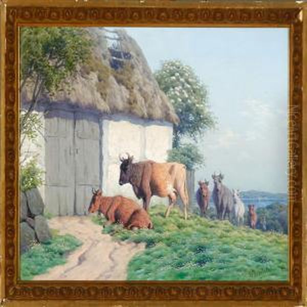 A Farmer Is Driving His Cattle On A Cliff Oil Painting by Carl Frederick Bartsch