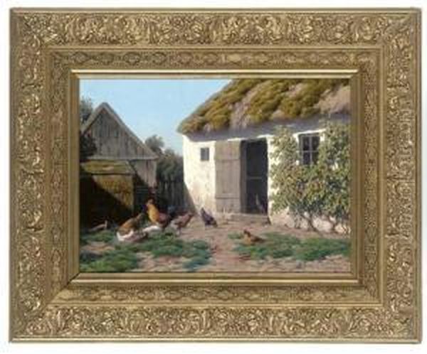 A Cockerel And Hens Feeding In A Farmyard Oil Painting by Carl Frederick Bartsch