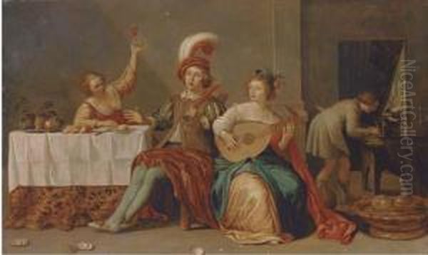 Elegant Company Playing Music And Merrymaking In An Interior Oil Painting by Willem Bartsius