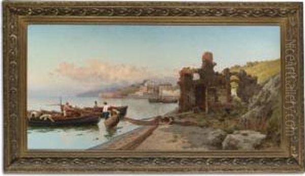 Fisherman On The Bay Of Baia, Naples Oil Painting by Pietro Barucci