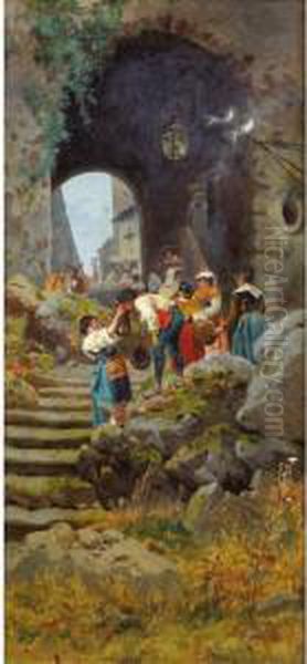 Personnages A L'entree D'un Village En Italie Oil Painting by Pietro Barucci