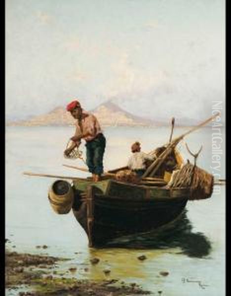 Approdo Di Pescatori Nel Golfo Di Napoli Oil Painting by Pietro Barucci