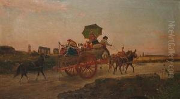 Figures On A Haycart In A Roman Compagna. Oil Painting by Pietro Barucci