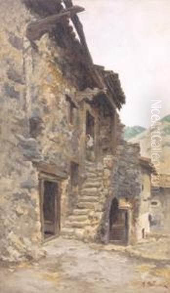 Scorcio Di Paese Con Contadina Oil Painting by Pietro Barucci