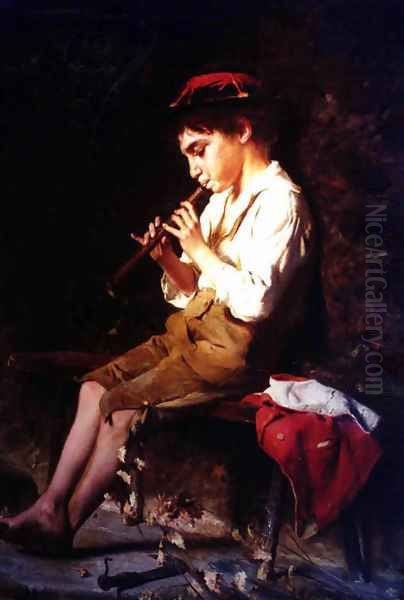 Boy with Recorder Oil Painting by Luigi Bechi