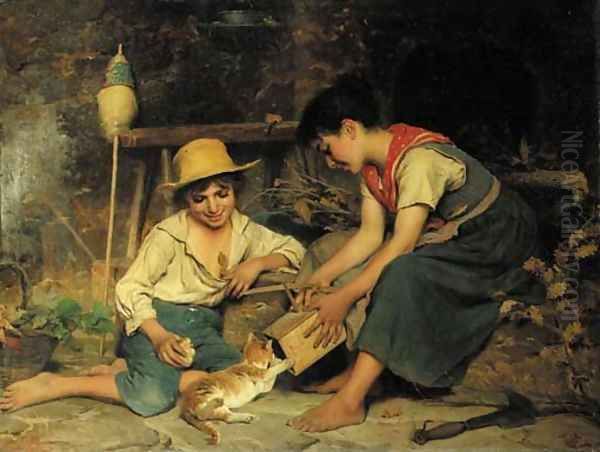 Playing with the kitten Oil Painting by Luigi Bechi