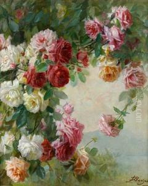 Roses At A Lake Oil Painting by Licinio Barzanti