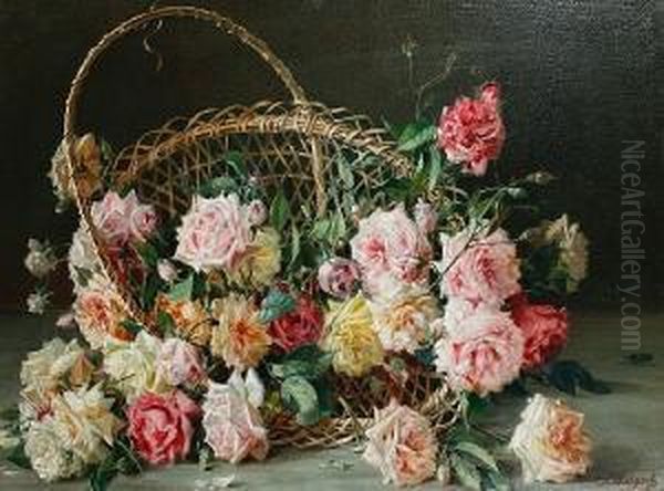 Still Life Of Roses In A Basket Oil Painting by Licinio Barzanti