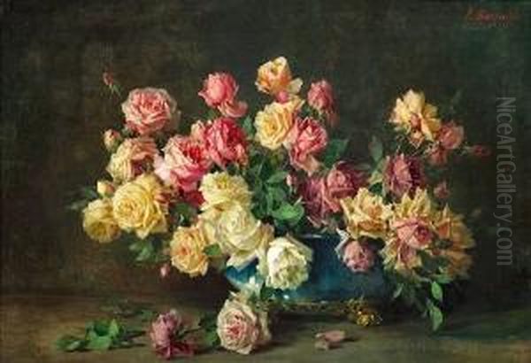 A Still Life With Pink, Yellow And White Roses In A Blue Vase Oil Painting by Licinio Barzanti