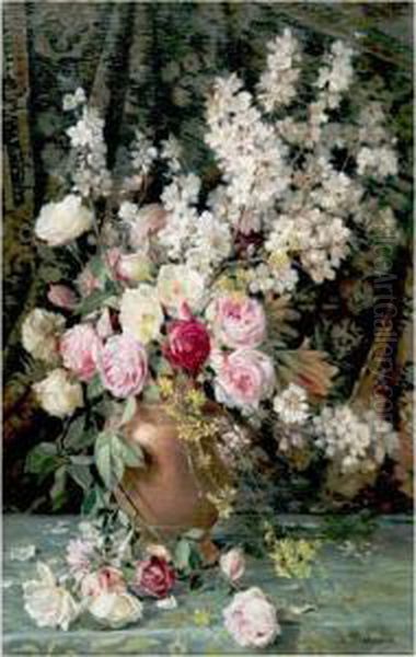 Still Life With Roses And Cherry Blossoms Oil Painting by Licinio Barzanti