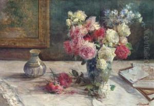 Roses, A Vase And Some Books On A Table Oil Painting by Licinio Barzanti