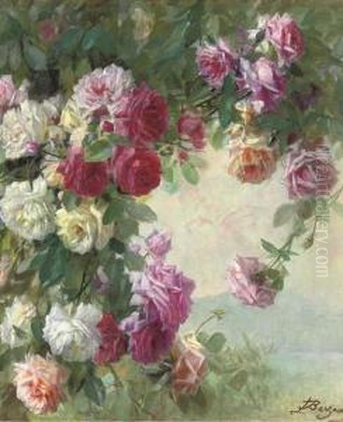 Roses At A Lake Oil Painting by Licinio Barzanti