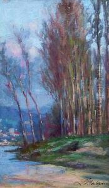 Hohe Baume Am Flussufer Oil Painting by Licinio Barzanti