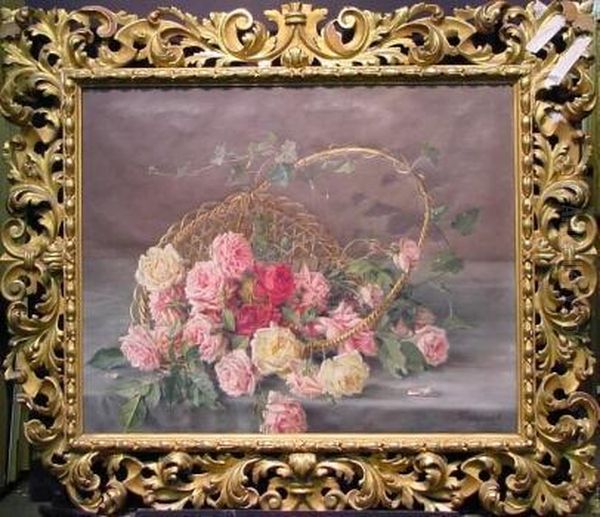 Pink, Red And Yellow Roses Spilling From A Basket Oil Painting by Licinio Barzanti