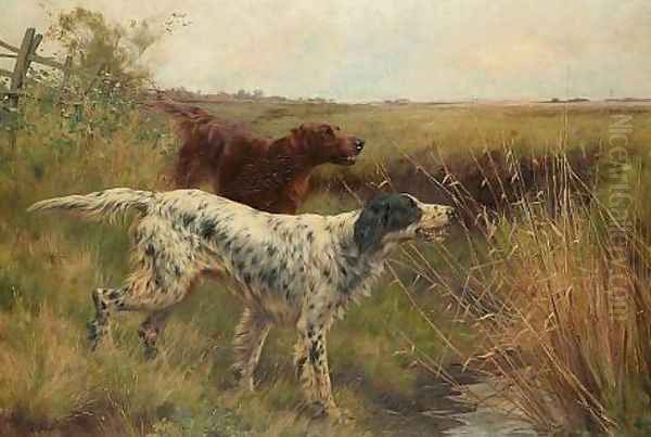 An English setter and an Irish setter in a landscape 1901 Oil Painting by Thomas Blinks