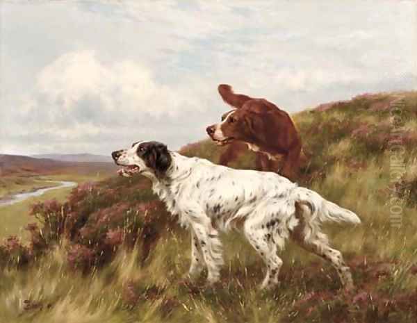 An English and an Irish Setter on a Moor Oil Painting by Thomas Blinks