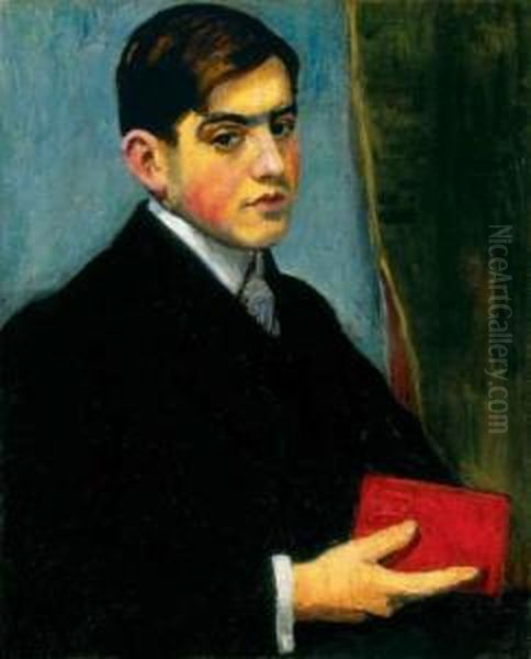 Young Man With A Red Book Oil Painting by Andor Basch