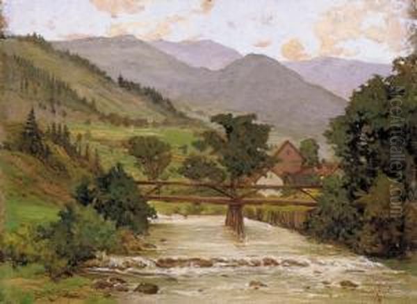 Village End With A Wooden Bridge Oil Painting by Arpad Basch