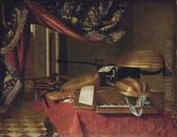 A Spinet, A Mandolino, Lutes, A 
Theorbo, A Violin, A Guitar, A Harp, An Ebony Casket And Musical 
Manuscripts On A Draped Table In An Interior Oil Painting by Evaristo Baschenis