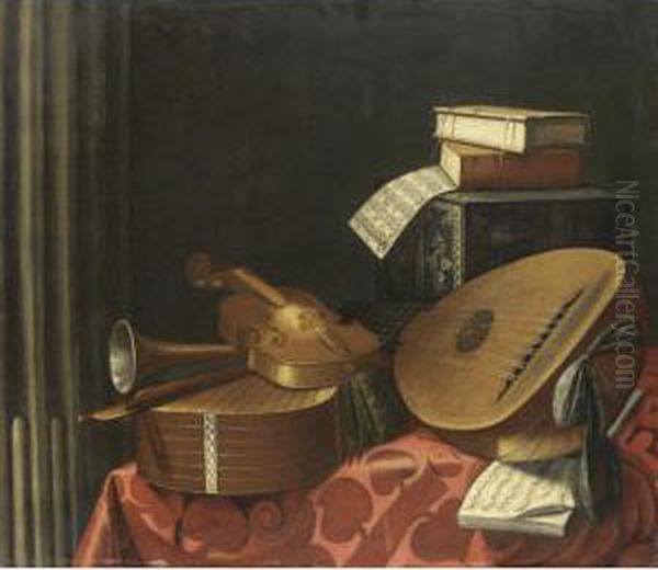 Natura Morta Con Strumenti 
Musicali, Libri, Spartiti E Una Scatola Intarsiata Su Un Tavolo Oil Painting by Evaristo Baschenis