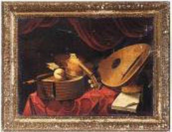 Still Life Of A Lute, A Viola, A
 Viola Da Gamba, An Open Music Score And A Peach Upon A Table Draped 
With A Red Cloth Oil Painting by Evaristo Baschenis