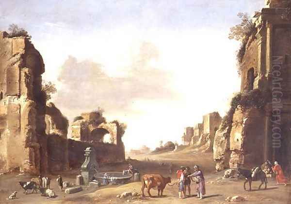 Classical Ruins with Peasants Watering their Animals Oil Painting by Bartholomeus Breenbergh