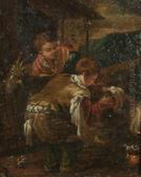 Two Boys With A Dog Oil Painting by Jacopo Bassano (Jacopo da Ponte)